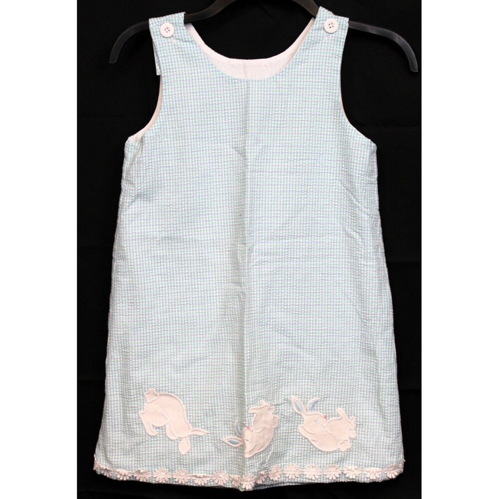 Kelly's Kids Blue Seersucker A-line Easter Dress 6 Tumbling Bunnies Daisy Trim